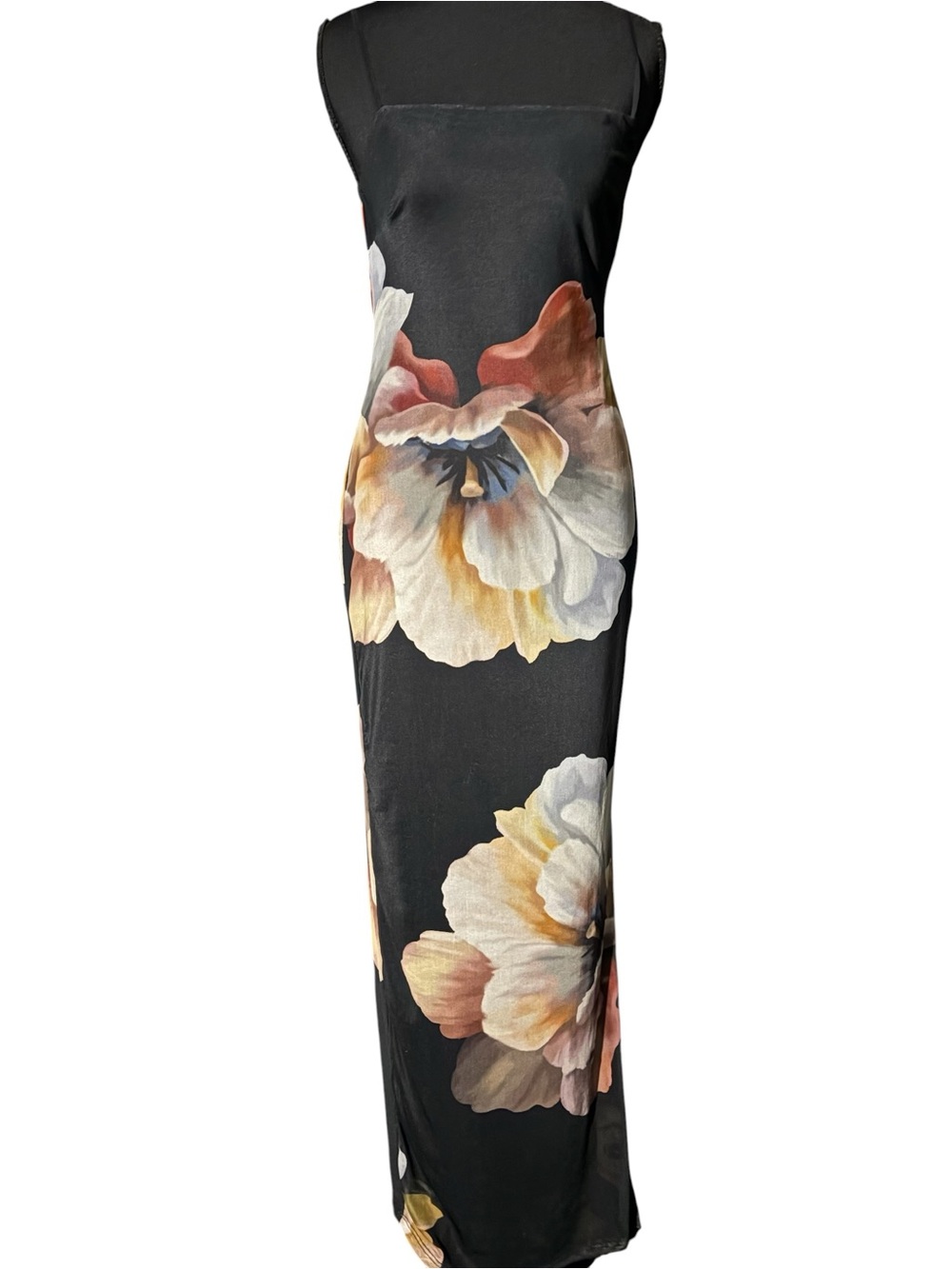 7DAY WKND Black Floral Maxi Dress Side Slit Size Small